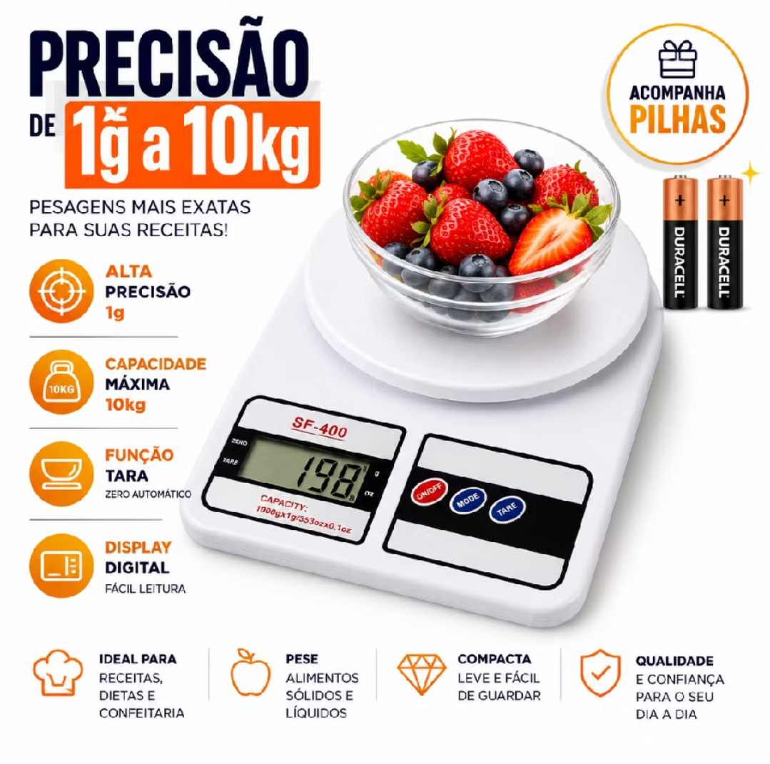 Balança Digital de Cozinha 10Kg de Precisão para Alimentos