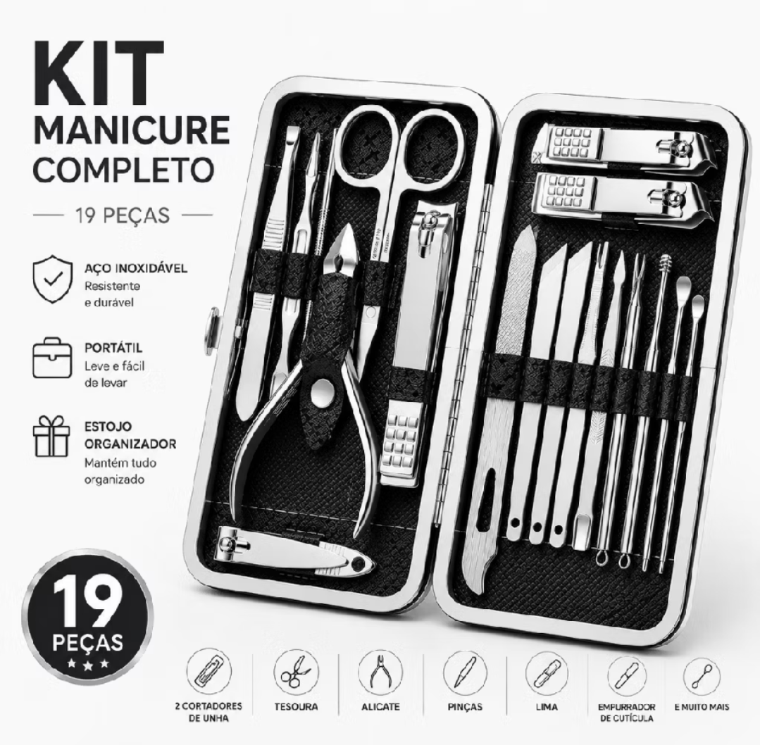 Kit Manicure Completo com Estojo Portátil 12/16/19 Peças